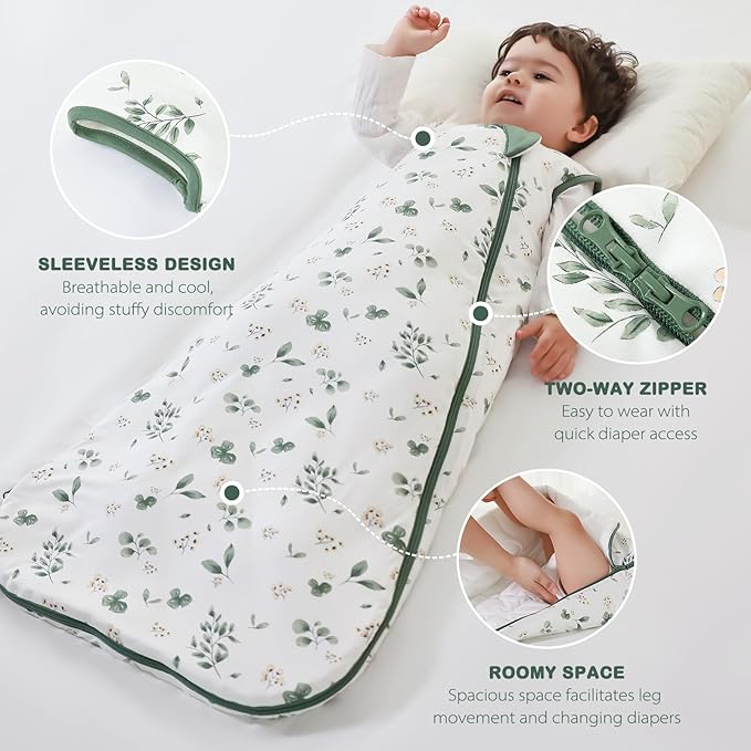 Mosebears Unisex Rayon Made from Bamboo Sleep Sack with 2-Way Zipper,2.5 Tog Baby Winter Sleep Sack(Plant,18-36 Months)