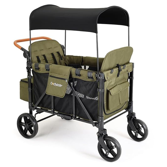 Elite 4-Seater Wagon Stroller for 2-4 Kids, One-Hand Fold, High Seats with 5 Point Harness, Adjustable Handle & Canopy, Green