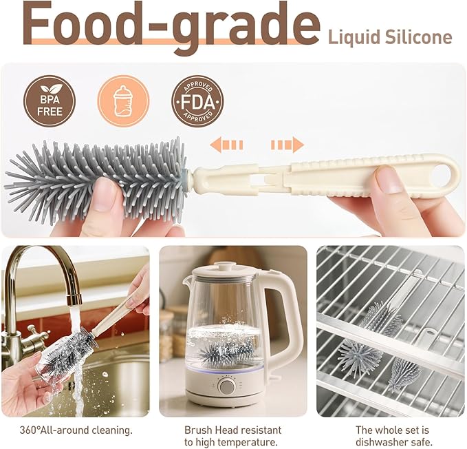 Baby Bottle Brush Set, 6-in-1 Travel Bottle Cleaning Kit with Silicone Bottle Brush, Nipple & Straw Brush, Soap Dispenser, Drying Rack, Storage Box – Compact Travel Baby Essential for Home & On-The-Go