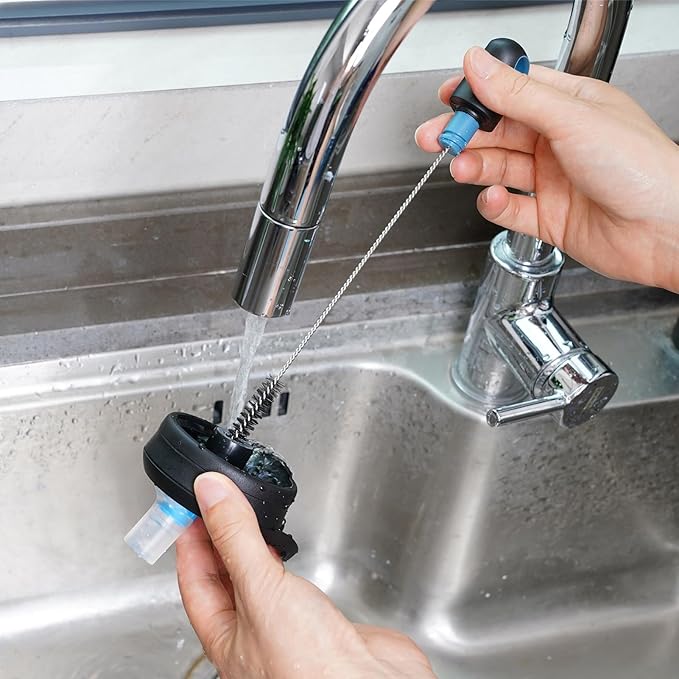 2-in-1 Water Bottle Brush and Straw Cleaner Brush, Long Handle Scrub Brush with Replaceable Head for Water Bottles, Glasswares, Mugs, Flasks, Tumblers, Vases, and Kitchen Sink, Smokey Blue