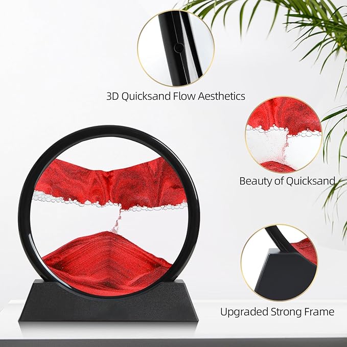 Moving Sand Art Liquid Motion, 3D Deep Sea Sandscape Color Quicksand Decor, Round Glass Moving Sand Art Picture Relaxing Desktop Home Office Work Decor (Red, 7 inch)