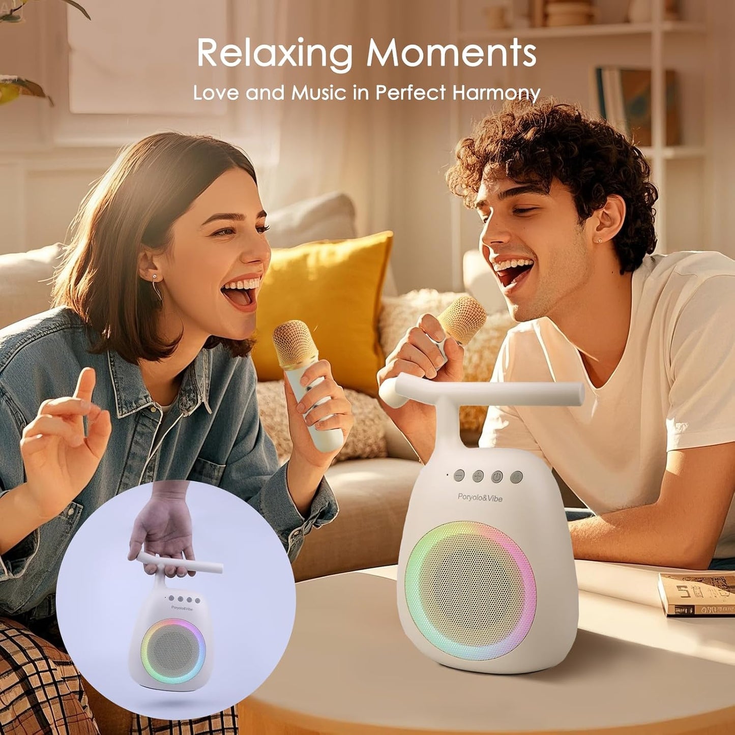 Karaoke Machine for Kids Adults Portable Bluetooth Speaker with 2 Wireless Microphones LED Lights Artistic Design 8-Hour Battery Support Family&Party Choice Fun for All Ages Gifts