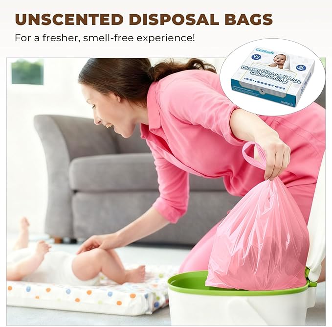 Odor Sealing Disposable Diaper Bags with Tie Handle, 100 count, Large Capacity, Unscented & Durable Diaper Trash Bags for Home & Baby Travel Use (Color:Pink)