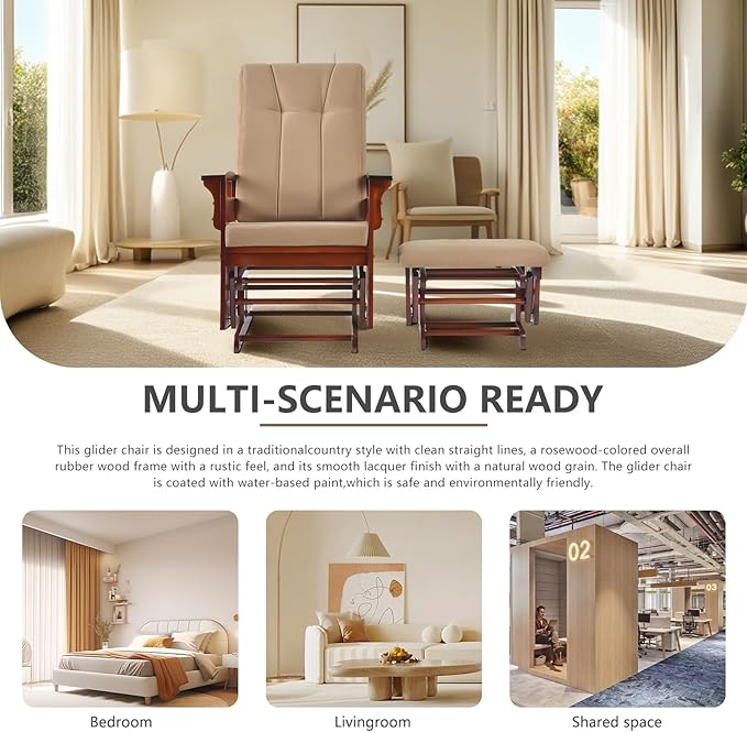 Solid Wood Rocking Glider Chair with Ottoman Cushion Set, Antique Rocking Chair with Arm Rest for Nursery Living Room Bedroom, Brown Yellow