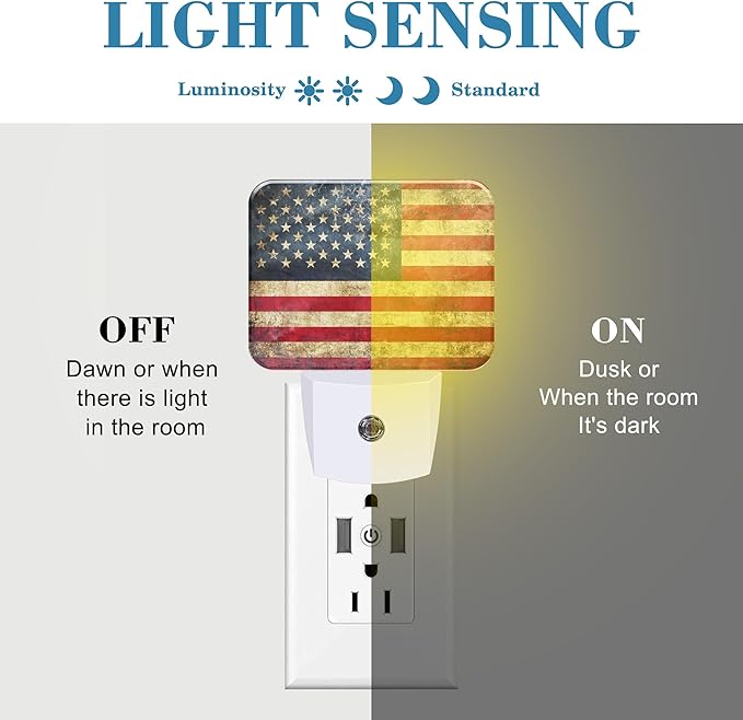 Vintage American Flag Night Light for Kids Girls Boys, Retro USA Flag LED Night Light Plug into Wall with Dusk to Dawn Sensor for Room, Hallway, Kitchen, Bathroom, Stairs Decor