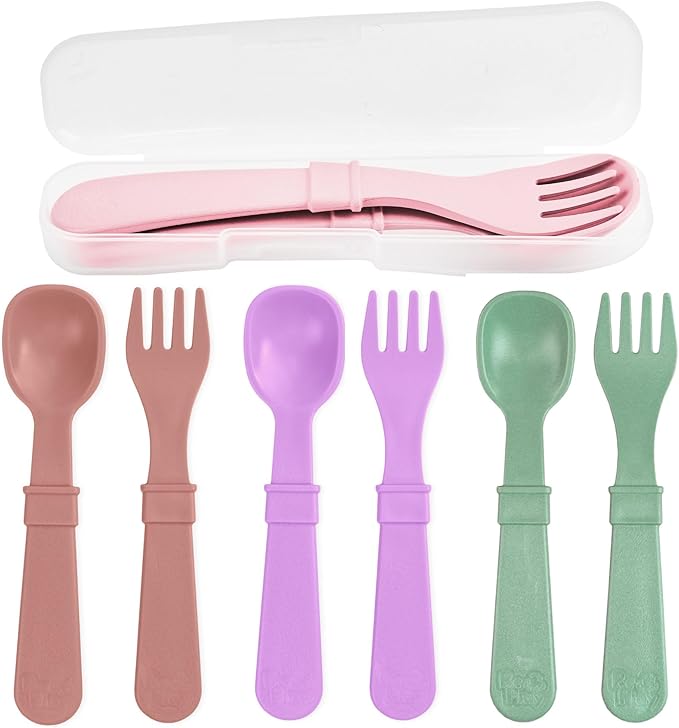 Re-Play Toddler Forks and Spoons Set - 4x4 Utensils for Kids with Case - Dishwasher and Microwave Safe - Made in USA - Pack of 8-5.8" x 1.2" x 0.2" - Blossom