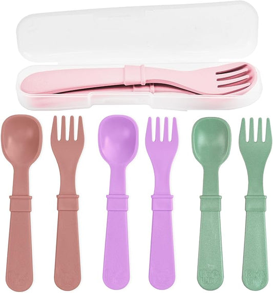 Re-Play Toddler Forks and Spoons Set - 4x4 Utensils for Kids with Case - Dishwasher and Microwave Safe - Made in USA - Pack of 8-5.8" x 1.2" x 0.2" - Blossom