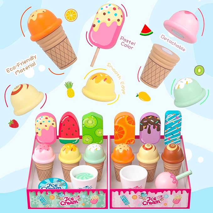 Wooden Ice Cream Toys Kids Toy Food for Toddler Girls 3+, Ice Cream Shop Playset, Pretend Play Kitchen Toys with Display Counter & Fake Money - Wooden Food Toys for 3 4 5 Year Old Girls Boys Birthday