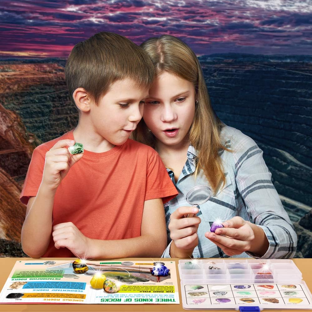 XXTOYS Rocks Collection - 15-Piece Rock Collections for Kids - Cool Geology Gem Kit with Identification Sheet - Gemstones Set Box with Learning Guide and Storage Case - Educational Gift for Kid