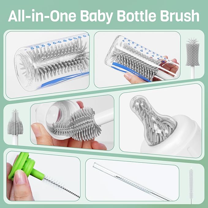 SEANCHEER S02 Electric Bottle Brush Set, Portable Baby Bottle Brush Cleaner, AA Battery-Powered & IPX7 Waterproof, with Silicone Bottle/Nipple/Straw Brush, for Home & Travel (Gray)