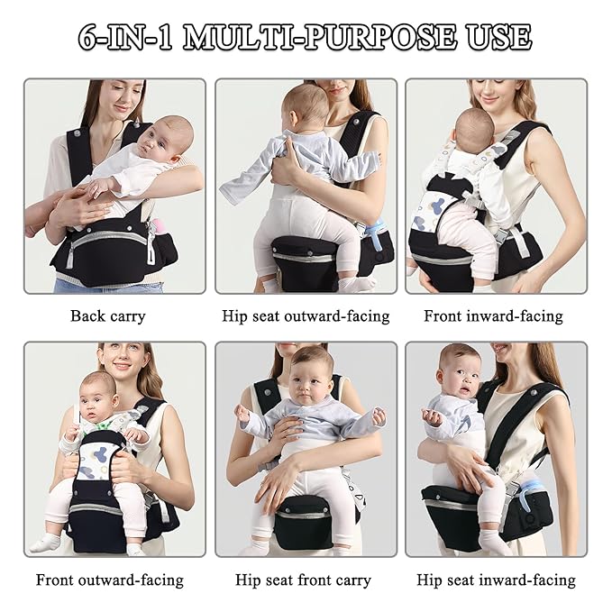 Baby Carrier with Hip Seat for Newborn to Toddler, 6-in-1 Ergonomic Infant Carrier for 0-36 Month Baby, All Positions Soft Breathable Mesh Wrap Carrier with Waist Stool, Baby Holder-Grey Print
