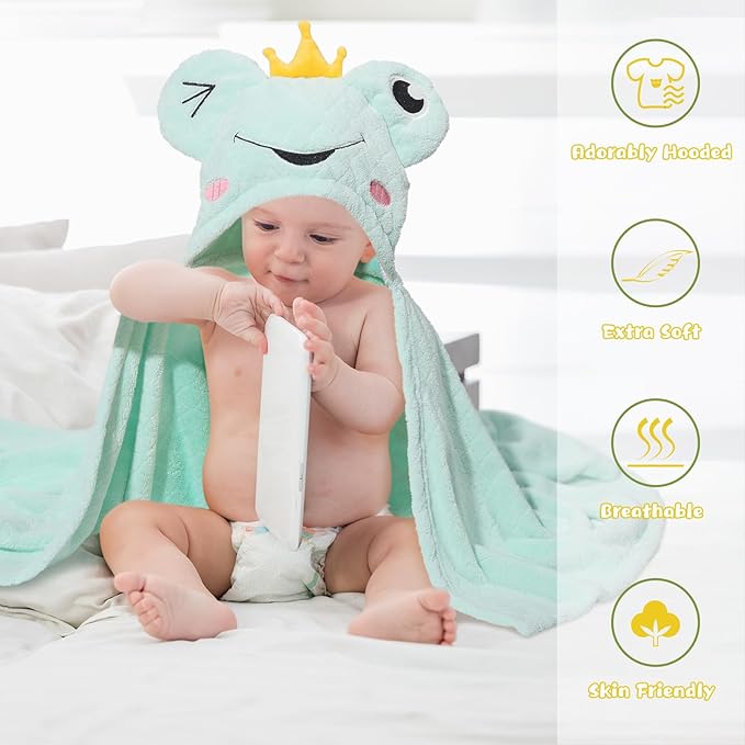 Baby Towels with Hood,2-Pack Baby Towels with Hood for Toddlers 1-3 0-5 Years, Super Soft Thick Absorbent Premium Coral Fleece Bath Towels Kids 50"x32",Green Frog & White Sheep Set