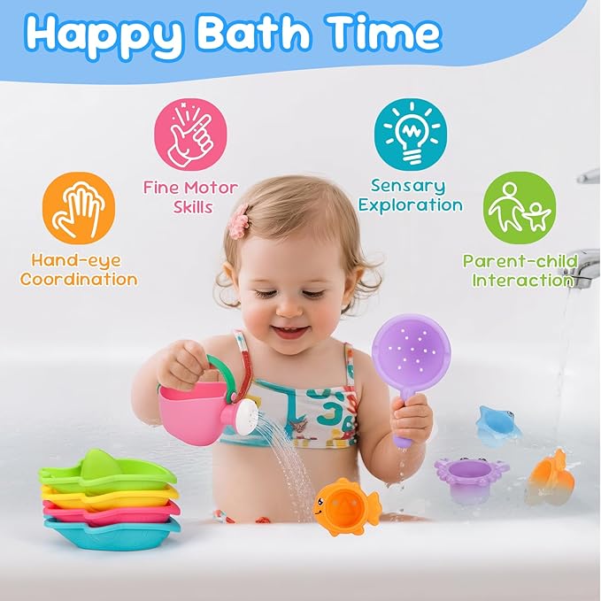Fajiabao Baby Bath Toys for Kids Ages 1-3 Toddler Bath Toys Mold Free for 12+ Months Bathtub Beach Sand Pool Water Table Toys for 1 2 3 4 5 6 Years Old Boys Christmas Birthday Gifts (9 PCS)