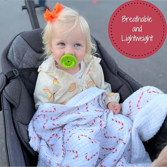 LollyBanks Muslin Baby Blankets, 100% Cotton Cozy Muslin Quilt, 47 x 47 Inches and 6 Layers Toddler Blanket for Boys and Girls, Soft and Breathable Newborn Blanket, Baby Essentials (Candy Cane Print)