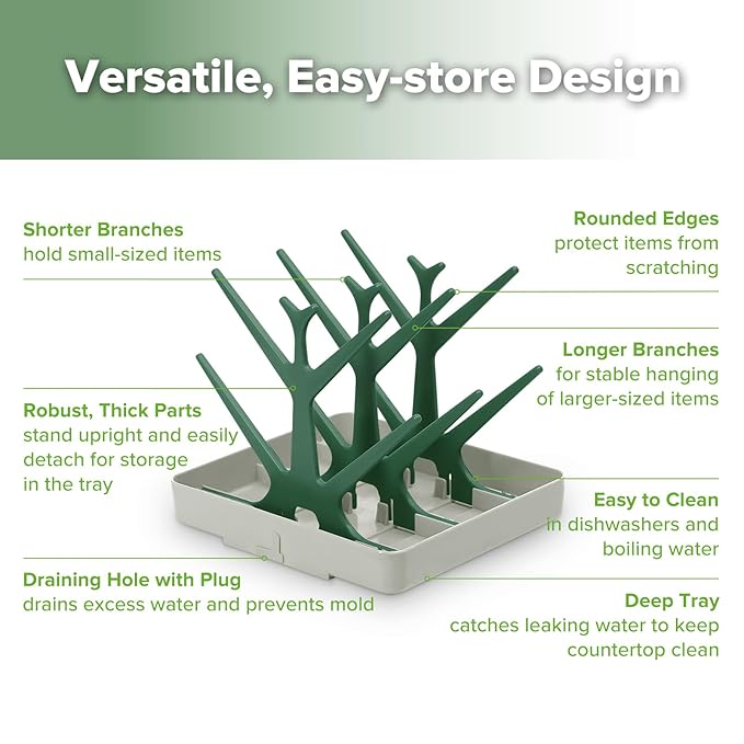 haakaa Portable Baby Bottle Drying Rack, Space Saving Bottle Drying Tree for Bottles/Pump Parts/Pacifiers and Other Baby Essentials, Easy-Store Dryer Rack Great for Home & Travel, BPA Free (Green)