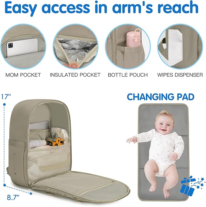 KABAQOO Baby Diaper Bag Backpack, Waterproof Diaper Backpack for Mom & Dad with Changing Pad, Insulated Pockets and Stroller Straps, Baby Shower Gifts for Girls & Boys, Brown Taupe