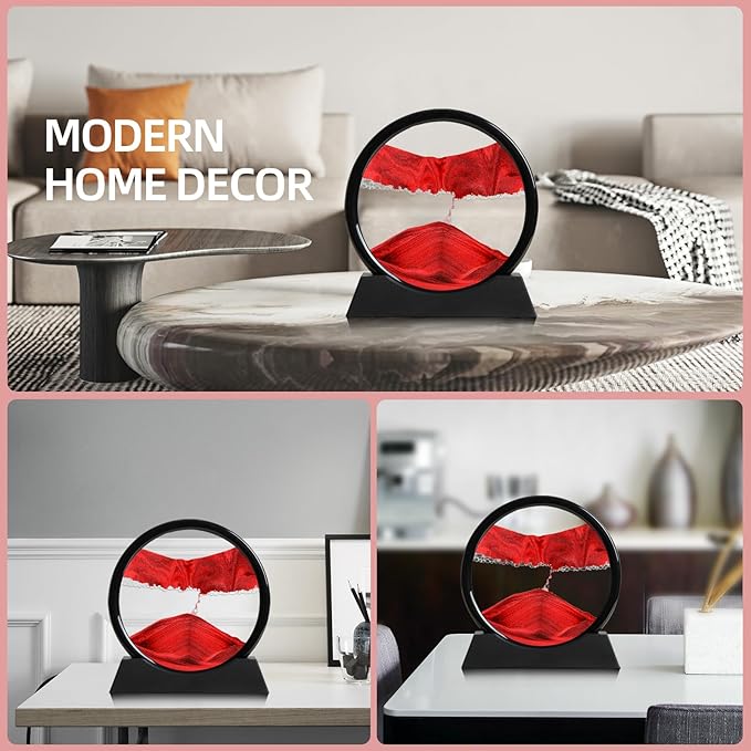 Moving Sand Art Liquid Motion, 3D Deep Sea Sandscape Color Quicksand Decor, Round Glass Moving Sand Art Picture Relaxing Desktop Home Office Work Decor (Red, 7 inch)