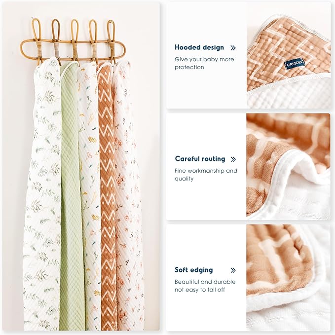 GRSSDER Ultra Soft Absorbent Muslin Cotton Baby Hooded Towel 2 Pack with Original Patterns, Extra Large Size 35"x 35" Swaddle Wrap for Newborn Infant and Toddler