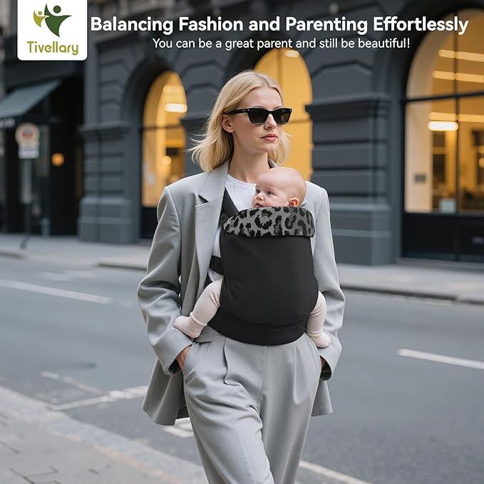 Reversible Baby Carrier – Black Solid & Leopard Print; Lightweight & Breathable Lyocell Fabric; Ergonomic Lumbar Support and Quick Hands-Free Wear for Newborn to Toddler (7–44 lbs)