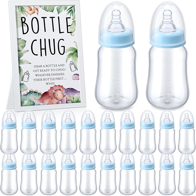 Roowest Bottle Chug Baby Shower Game Favors Including Dinosaur Theme Wooden Sign and 18 Pcs Baby Bottles for Gender Reveal Party Supplies
