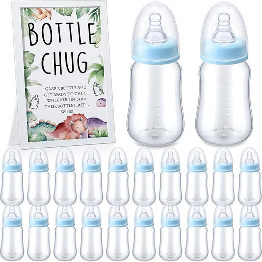 Roowest Bottle Chug Baby Shower Game Favors Including Dinosaur Theme Wooden Sign and 18 Pcs Baby Bottles for Gender Reveal Party Supplies