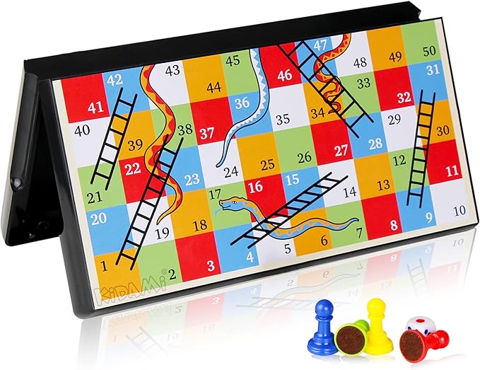 KIDAMI Magnetic Snakes and Ladders Game Set with Storage Box, Folding Design and Light-Weight, Gift for Kids and Adults (9.75 Inches)