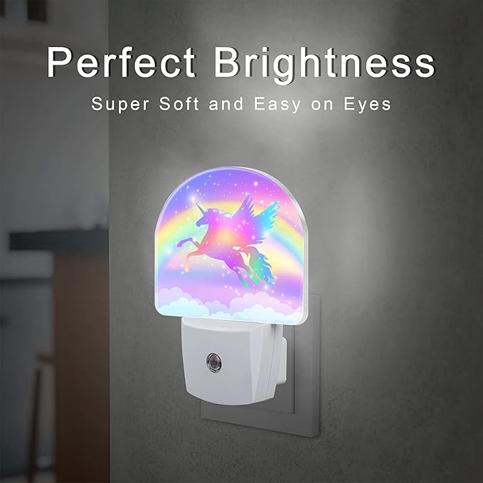 Flying Unicorn and Rainbows Night Light Plug into Wall, Shining Stars and Unicorn Dusk to Dawn Night Light,0.5w Energy Saving Sleep Friendly Nightlights for Kids Boys Girls Home Decor
