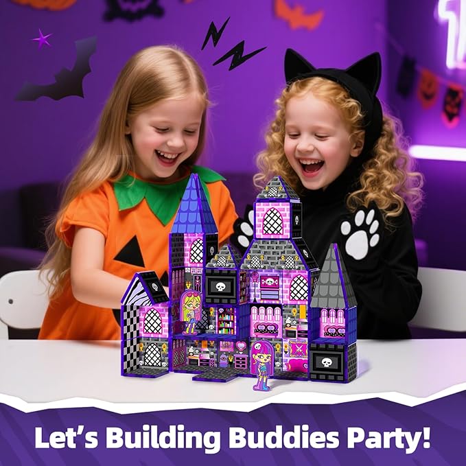 GobiDex Magnetic Tiles Doll House Building Toys, Monster Magnetic Blocks for Kids Ages 3-8,STEM Magnet Toys Birthday for 3+ Year Girls,Haunted Castle Playset