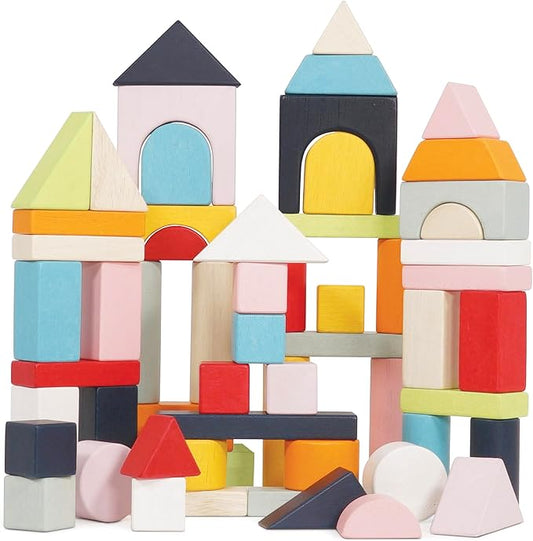 Le Toy Van - Educational Wooden Building Blocks 60 Piece Set Toy | Montessori Style Shape & Colour Development Toy - Suitable for 12 Months + (PL135)
