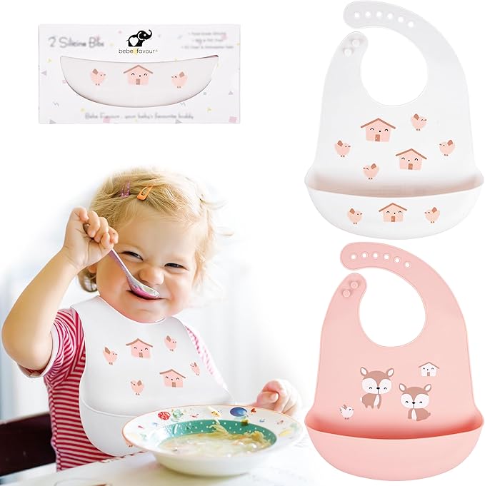 2 Pack Silicone Baby Bibs Adjustable Fit Waterproof Bib With Leak Proof Food Pouch Catcher for Eating Boys Girls