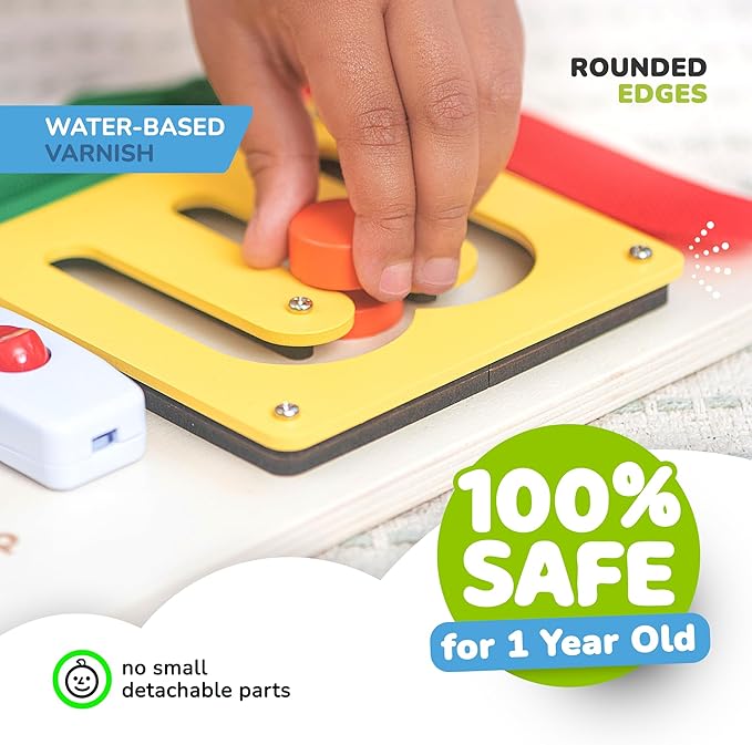 deMoca Sensory Busy Board for Toddlers, Premium Wooden Toddler Busy Board for 1 2 3 Year Old with 10 Educational Activities for Fine Motor Skills, Fidget Activity Toy for Travel Toy (Color)