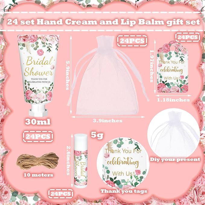 24 Sets Hand Cream and Lip Balm Gift Bridal Baby Shower Party Supply Travel Size Hand Lotion and Lip Balm Bulk with Organza Bag and Tag Wedding Baby Shower Party(Cherry,Floral)