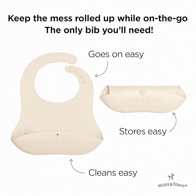 Moss and Fawn Gather & Roll Bib - Washable Waterproof Silicone Baby Feeding Bib - BPA, Lead, & PVC-Free