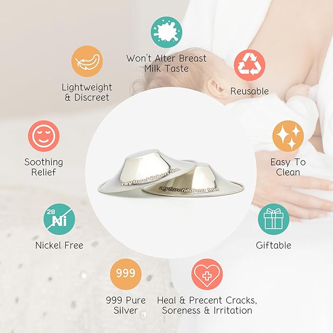 RFC Silver Nursing Cups - 999 Silver Nursing Pad - Nipple Shield Kit for Nursing Newborn - Breastfeeding Essentials - Nipple Cover Breastfeeding - With Silicone Ring & Cleaning Scotch & Case (REGULAR)