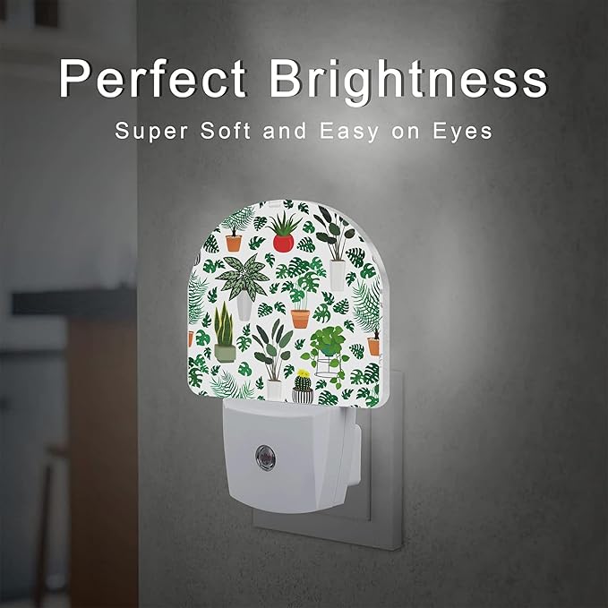 Green Potted Plants Night Light, Home Botanical Floral Leaves Dusk to Dawn Night Light Plug in,0.5w Energy Saving Sleep Friendly Nightlights for Kids Boys Girls Home