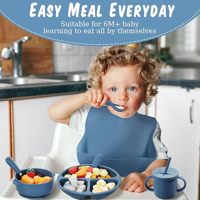 Yinder 24 Pack Silicone Baby Feeding Set Baby LED Weaning Supplies Includes Suction Divided Plates Soft Bowl Spoons Forks Adjustable Bib Snack Cup and Straws(Dark Blue, Gray Blue, Smoky Gray)