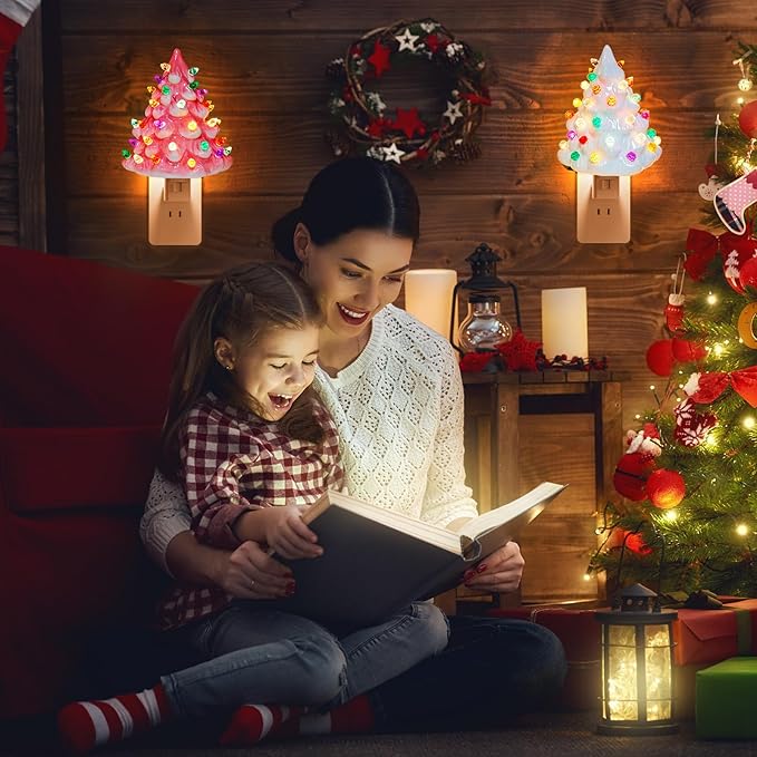 Brightown 2 Pack Ceramic Christmas Tree Night Light, Pink and White