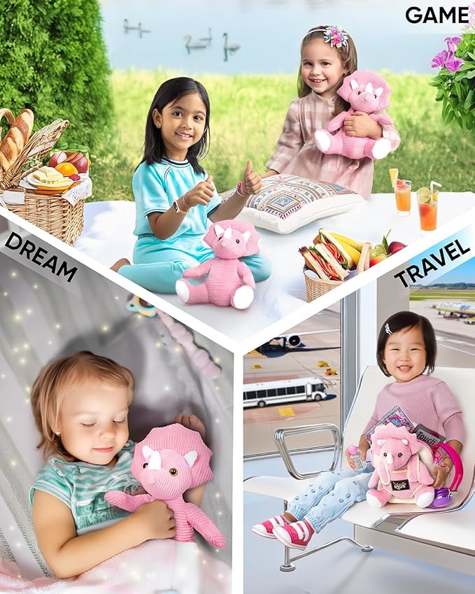Naturally KIDS Pink Triceratops Toy, Triceratops Stuffed Animal for 2 3 4 5 Year Old Girl, Stuffed Dinosaur for Girls, Pink Toddler Backpack