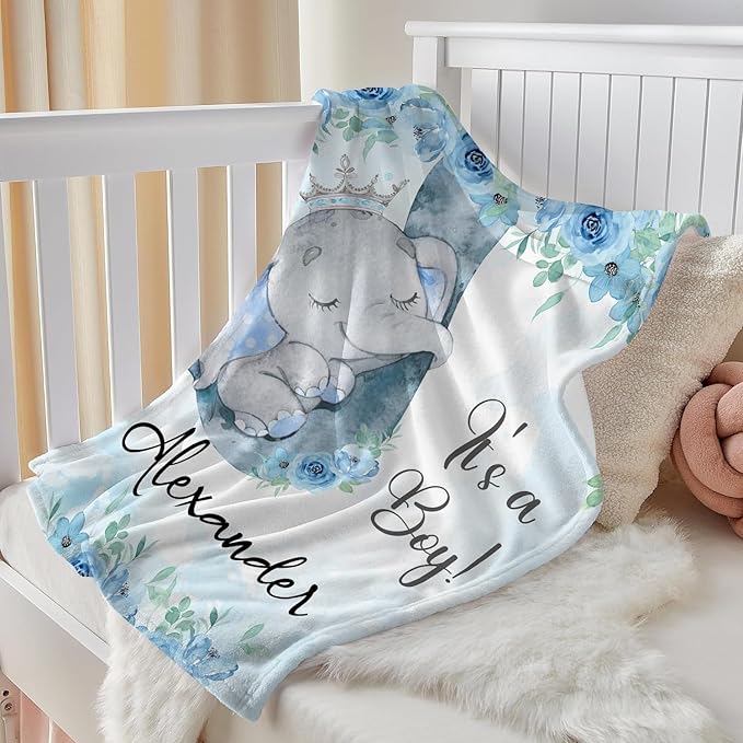 J&SBGFT Personalized Baby Blanket for Boys - Custom Name Receiving Blanket for Toddlers, Kids Nursery, Stroller, Crib Decor Throw - Elephant It's a Boy