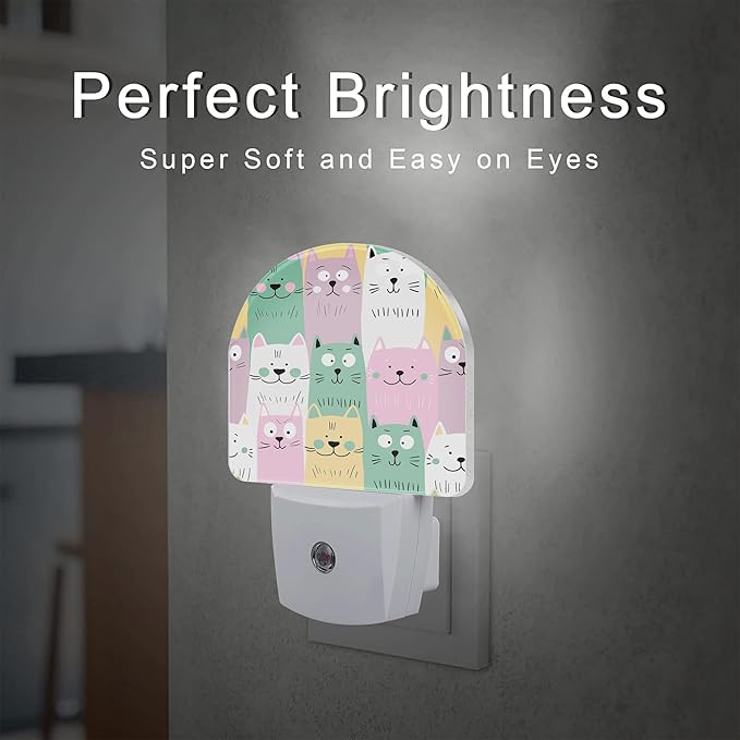 Colorful Cartoon Cats Night Light, Cute Childish Kittens Dusk to Dawn Night Light Plug in, 0.5w Energy Saving Sleep Friendly NightLight for Kids Boys Girls Home Decor