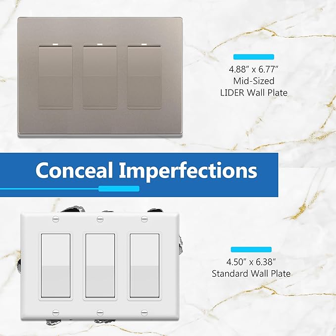 LIDER Matte Finish Decorator Switch Cover, Screwless Wall Plate, Mid-Size 3-Gang 4.88" x 6.77", Unbreakable Polycarbonate Thermoplastic, UL Listed, LSWP-33M-NK, Nickel