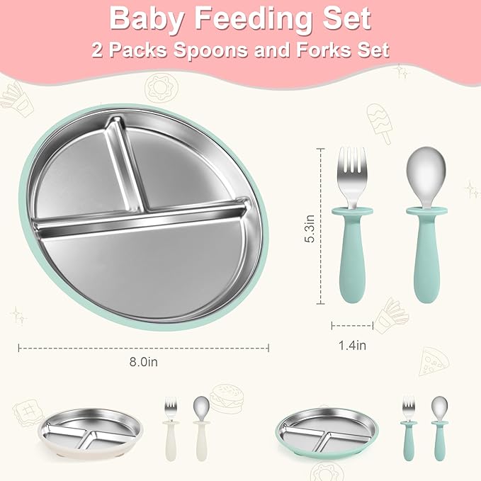 Bella’s Friends Baby Feeding Set, 2 Pack Stainless Steel Divided Plate with Silicone Suction, 2 Set Spoons and Forks, BPA Free, Dishwasher Safe, Baby Led Weaning Supplies, Toddler Utensils,beige green