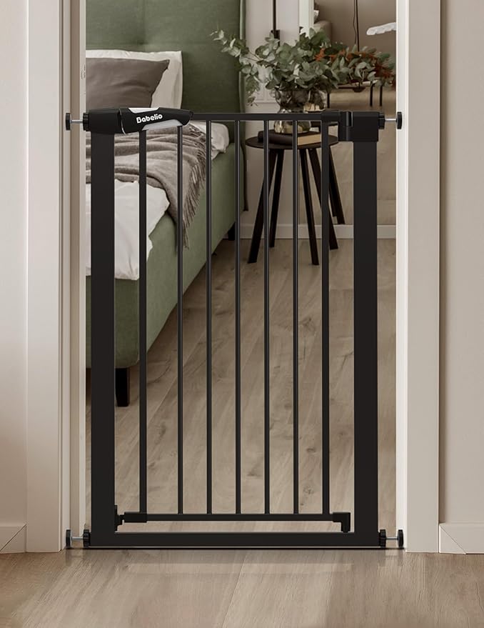 BABELIO 36" Tall Narrow Baby Gate, 26-28.5" Auto-Close Metal Pet Gate for Small Stairs/Doorways/Hallways, NO Drilling Pressure Mounted for Child and Pets, NO Extensions, Black
