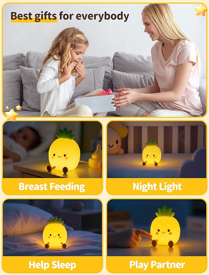Pineapple Night Light for Kids, Nursery Night Light, Bedside Touch Lamp, Cute Silicone Nightlight for Baby Toddler, 3 Level Dimmable Soft Night Lamp Gift for Bedroom Kids Room Decor