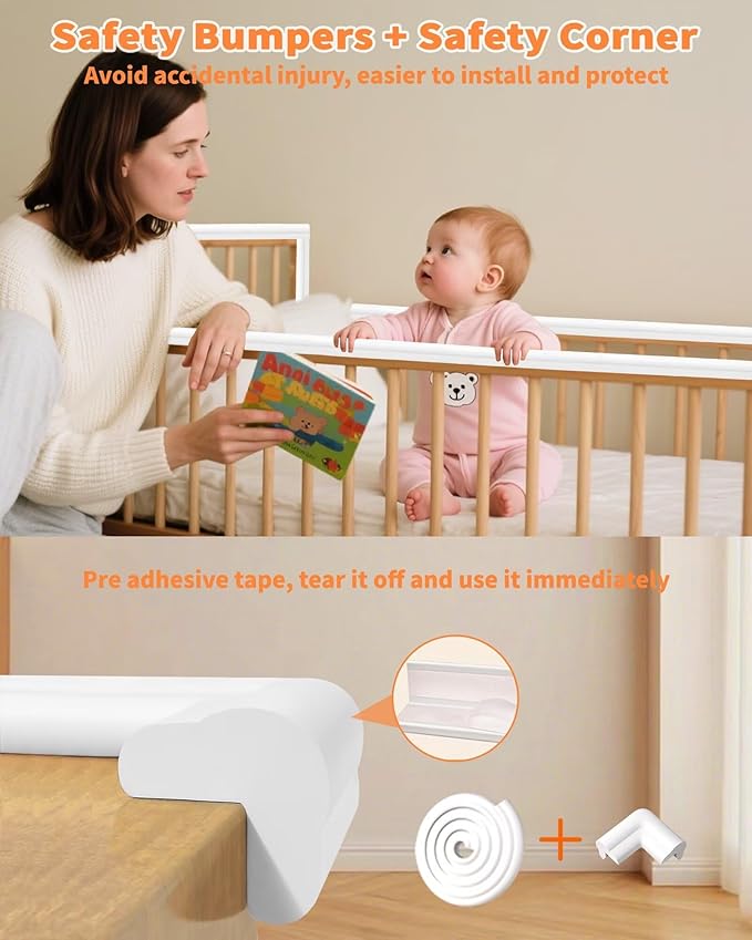 Edge Corner Protector Baby Proofing, 6.56FT 0.6'' Thicken L-Shape Furniture Fireplace Safety Bumper Guard with 6 Corners, Pre-Taped, Soft NBR Rubber Foam, Table Edge Protector for Baby(White-gray)