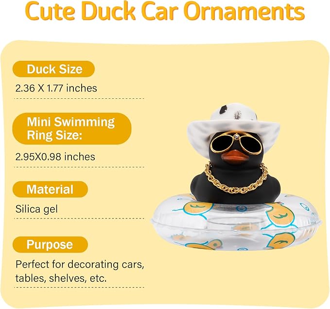 wonuu 2Pcs Car Dashboard Decorations Color Ducks, Rubber Duck for Car Ornament Accessories with Mini Hat Sunglasses Necklace and Swim Ring, A_Black Duck+Black Cowboy&Black Spots Cowboy
