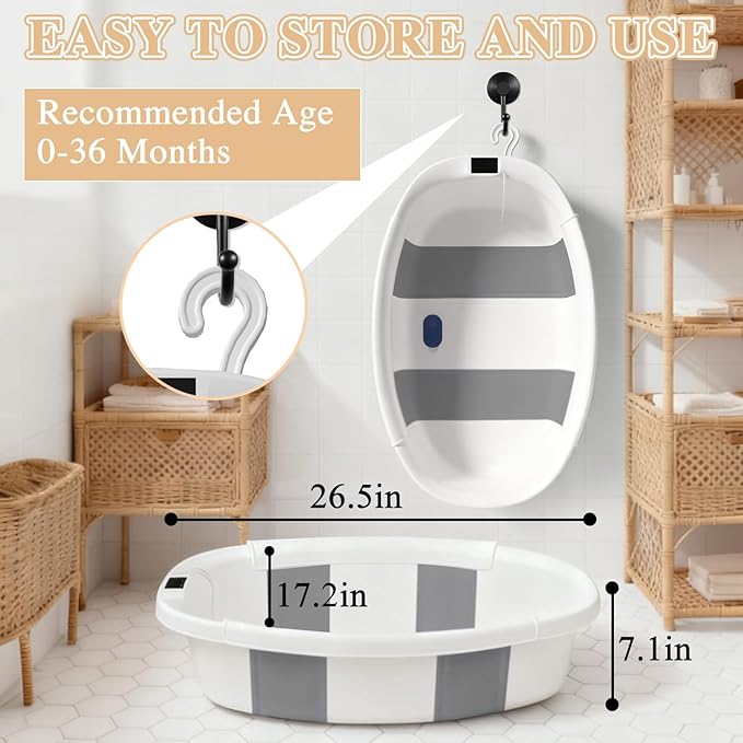 Baby Bathtub, Baby Bath Tub with Thermometer & Soft Cushion, Collapsible Infant Bathtub for Newborn to Toddler 0-36 Months, Quick Use & Portable for Travel(Grey)