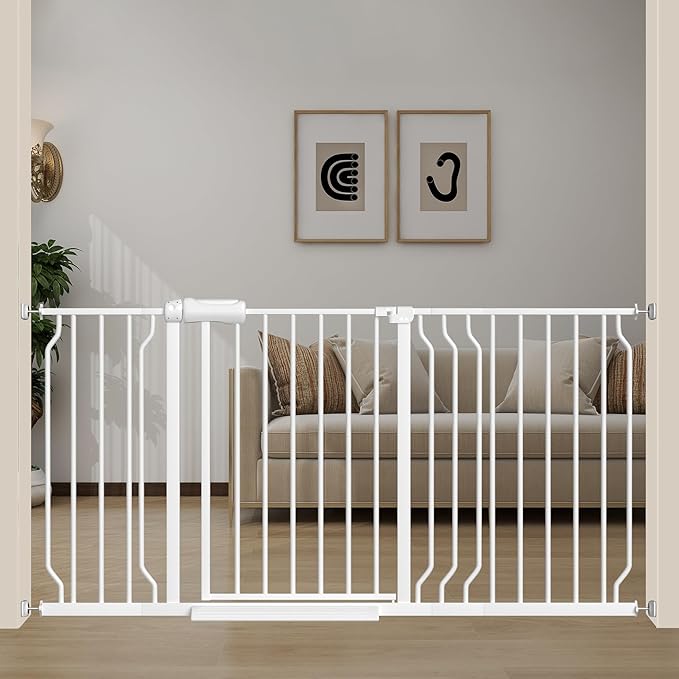 Extra Wide Baby Gates for Doorways 52.76"-62.20" Extra Wide Baby Gate Dog gate Pressure Mounted No Drilling with Walk-Through, Auto-Close & Dual-Direction Swing for Large Wide Opening White