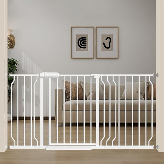 Extra Wide Baby Gates for Doorways 52.76"-62.20" Extra Wide Baby Gate Dog gate Pressure Mounted No Drilling with Walk-Through, Auto-Close & Dual-Direction Swing for Large Wide Opening White