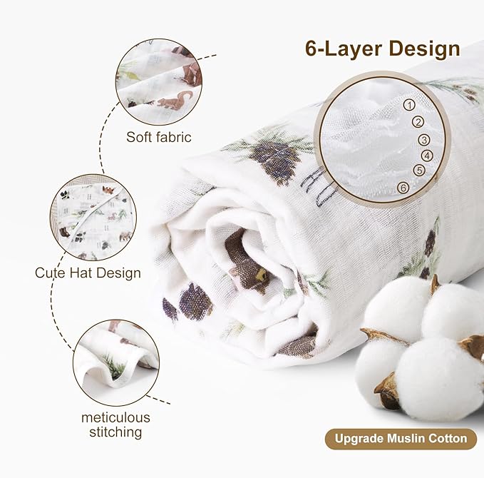 david's kids 2 Pack Hooded Baby Towels, 100% Muslin Cotton 6-Layer Ultra Soft Breathable Absorbent Baby Bath Towels for Infant and Toddler, Newborn Essentials, Large 32x32Inch, Woodland Animals